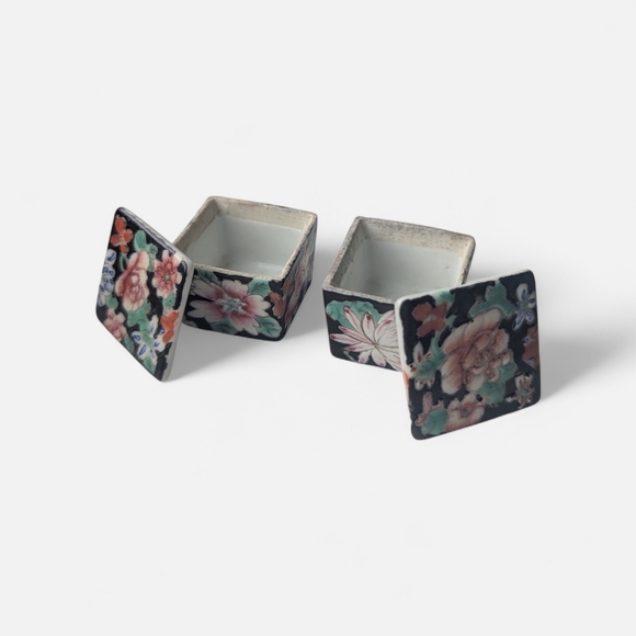 Pair Of Antique Famille Noire Chinese Cloisonne Trinket Boxes - Picture 2 of 11